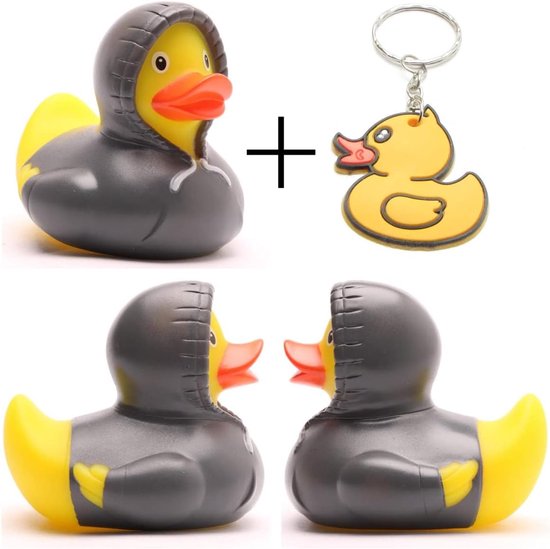 Grijze Bad Eend met Hoodie en Sleutelhanger - 8 cm, Leuk Cadeau