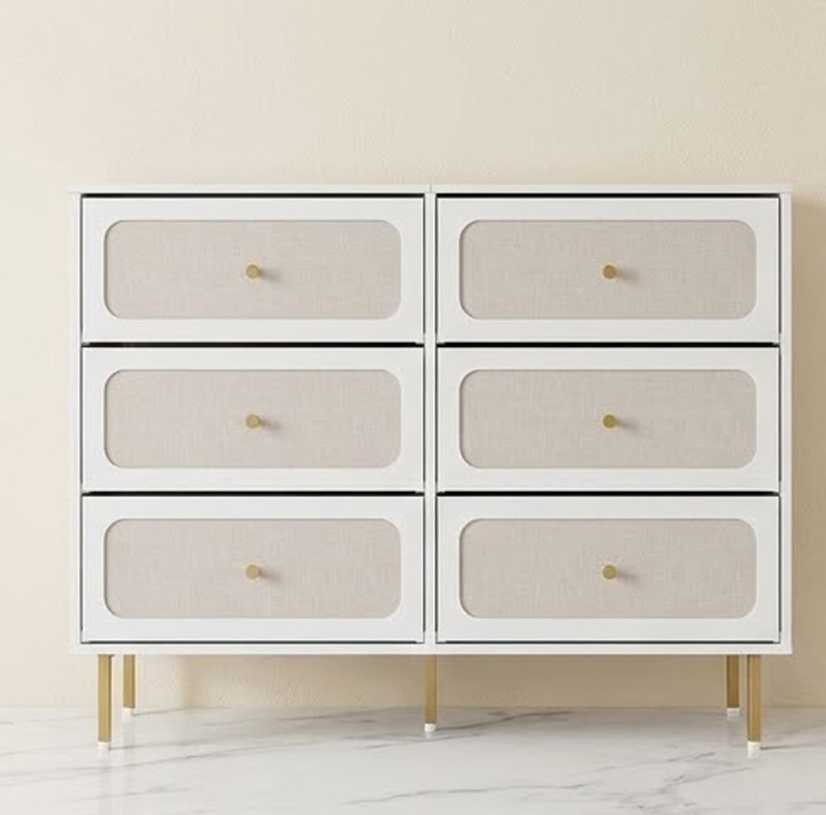 Aurelia Luxe Commode 110 cm Wit Goud – 6 lades – Moderne commode met metalen frame en organizer Zakken – Dressoir voor slaap- en woonkamer Casa Serena – 110 cm – Casa Dorada