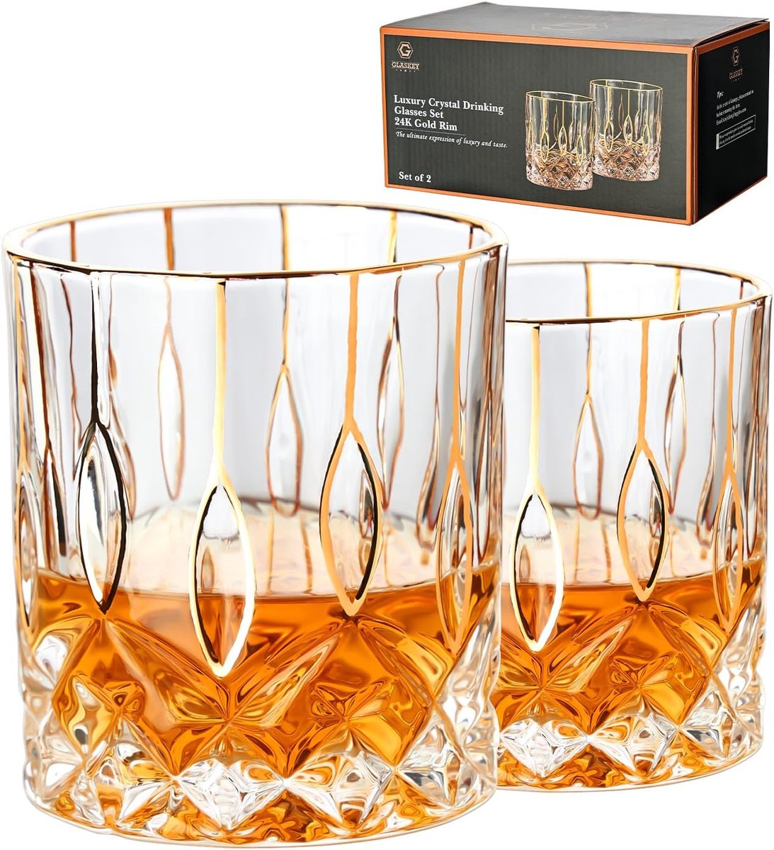 Luxe Kristallen Whiskeyglazen met Gouden Rand Set van 2