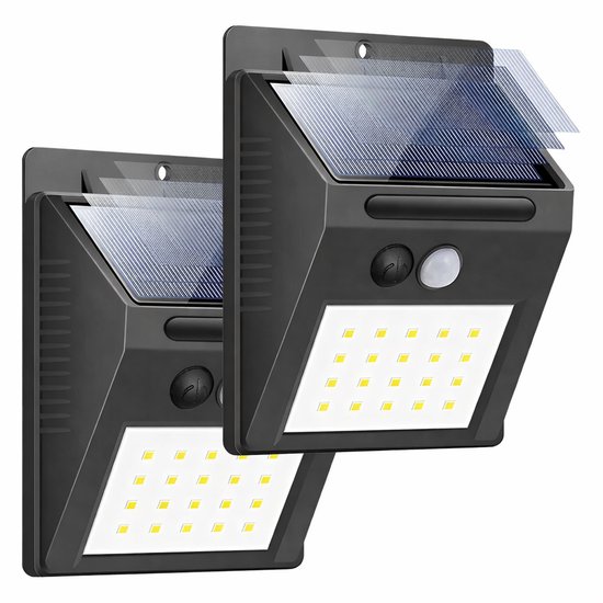 Deux appliques murales solaires noires avec détecteurs de mouvement et 20 LED.