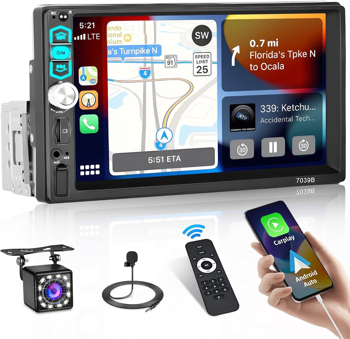 1 Din Autoradio met 7 Inch Touchscreen, CarPlay, Android Auto en Achteruitrijcamera