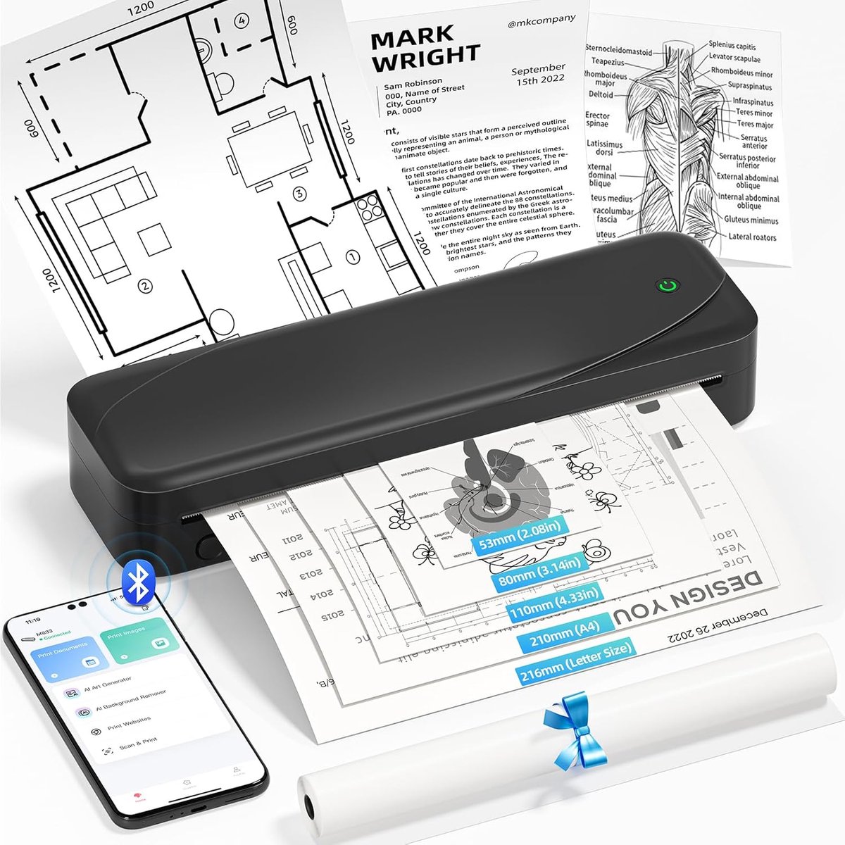 Draadloze Thermische Printer A4 & Letter - Inktvrij Printen via Bluetooth en USB