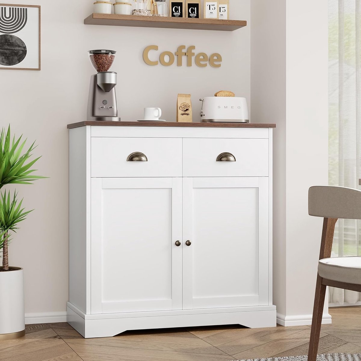 Buffetkast met 2 Deuren en 2 Laden - Verstelbare Keukenkast/Dressoir Wit 80x40x90 cm