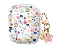 Transparant bloemen patroon hoesje voor oordopjes geschikt voor AirPods 4 – afgeronde hoeken, doorzichtig beschermhoesje met kleine bloemprint, metalen karabijnhaak en decoratieve bloem hanger
