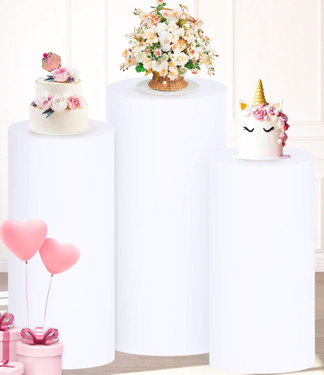 Set van 3 Witte Cilinder Sokkelhoezen Elastisch - Standaard Covers voor Feest Decoratie