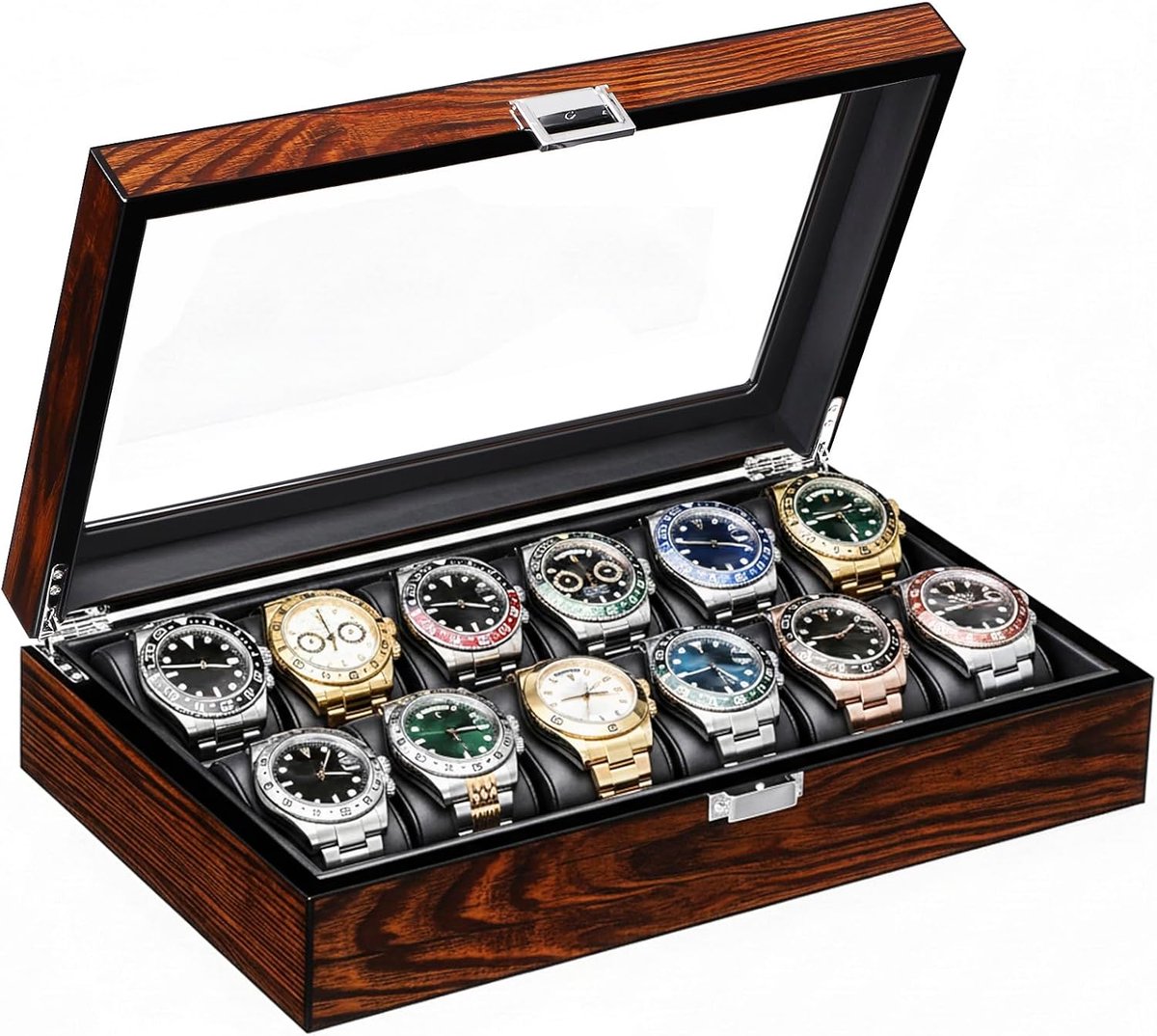 Horloge Opbergdoos - Horlogedoos Display - Horloge Collectie - Groot Glasvenster - 12 Horloges - Bruin