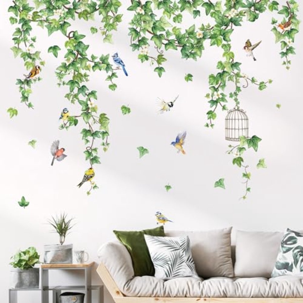 PromoHome Muursticker met Hangende Planten en Vogels - Groene Bladeren Decor voor Binnen