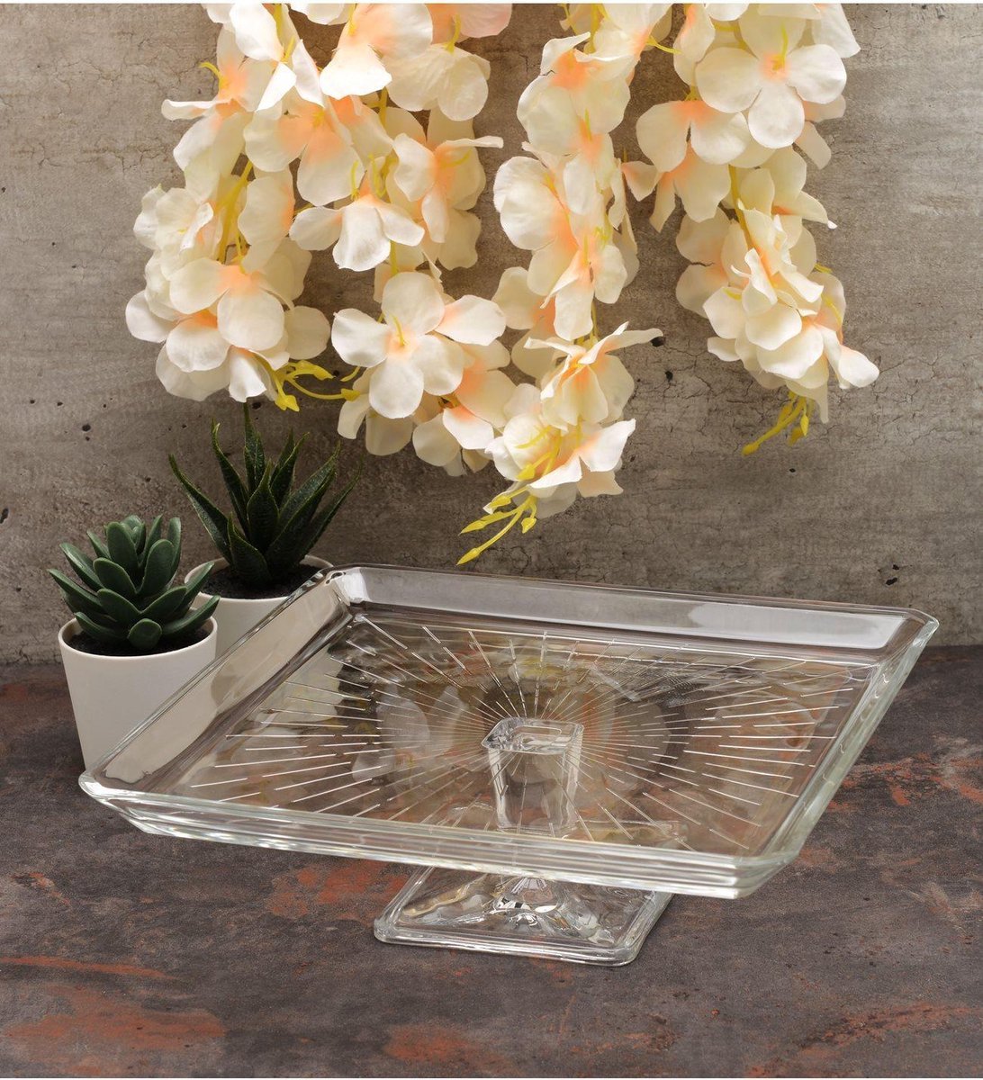 Pasabahce - Serveerschaal - Madlen - op voet - glas - 24 cm x 24 cm - transparant