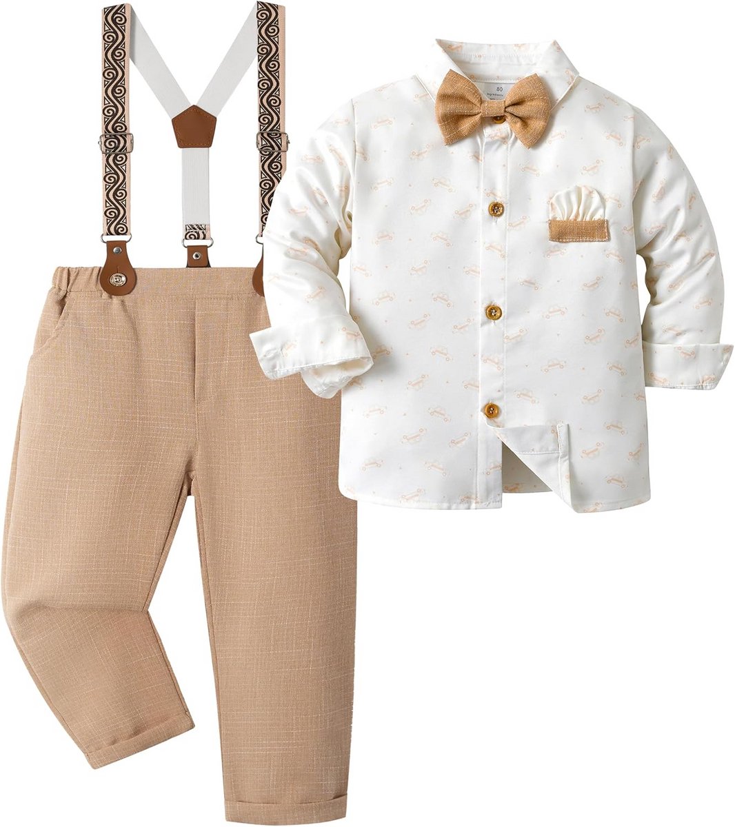 4-Delige Baby en Kinderkleding Set: Katoenen Shirt, Bretels, Vlinderdas en Broek