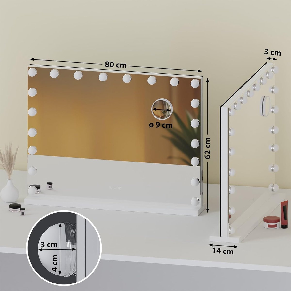 Verlichte make-up spiegel met 10x vergroting en dimbare LED-verlichting
