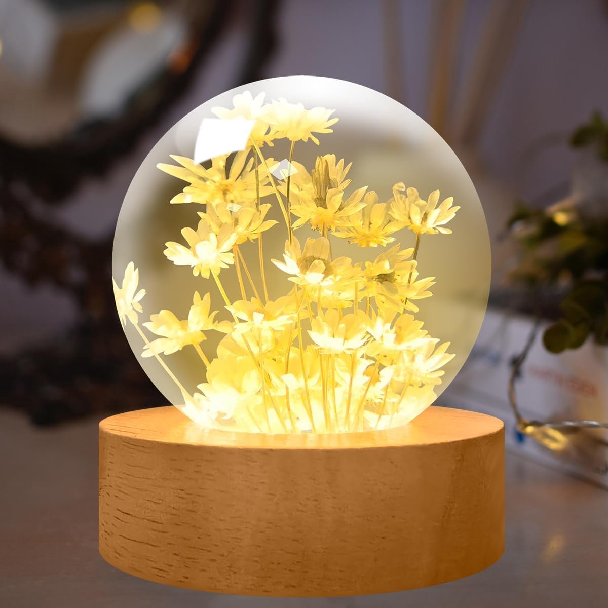 Kristallen Bol Licht met Eeuwigdurende Bloem en Houten Sokkel 6 cm