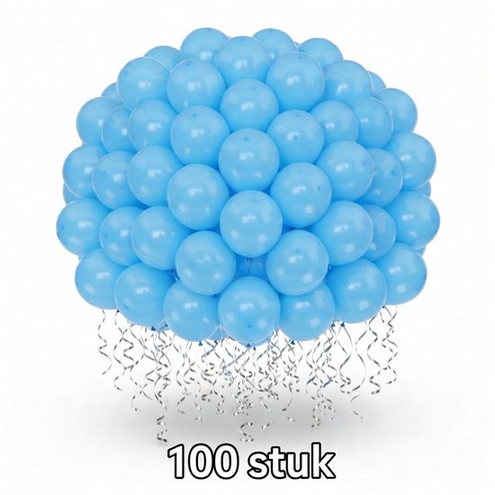 Een grote bol van 100 lichtblauwe ballonnen, versierd met zilveren slingers. Tekst: 100 stuk.