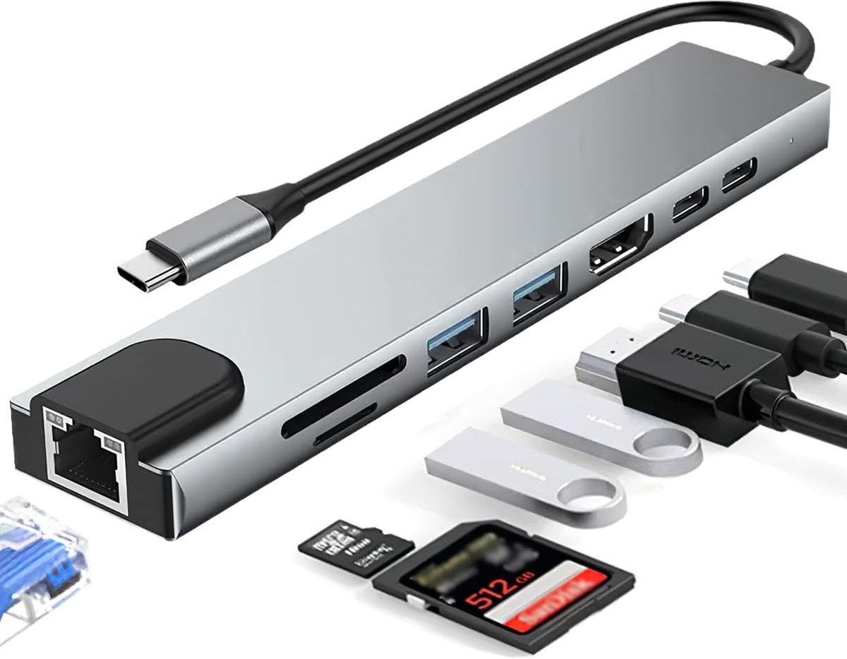 USB C Hub - 8-in-1 Docking Station - Extra Poorten - Hittebestendig Aluminium - 15.3 x 3 cm