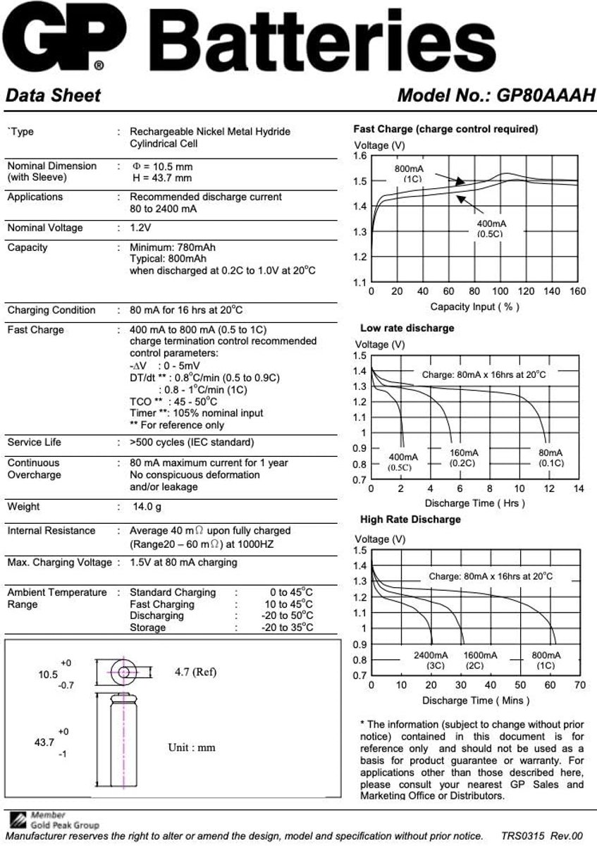 Oplaadbare Batterijen - AAA R3 - Elektronica Voeden - Met Klemmen - 800 mAh