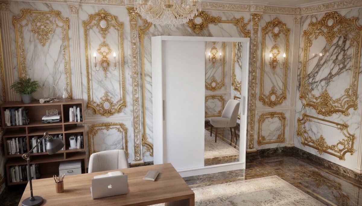 Kledingkast Casa Velluto Milano White – Schuifdeurkast met Spiegel en Kledingstang – 100x200x58 cm – Witte Garderobekast met 4 Planken – Moderne Slaapkamerkast met Schuifdeuren