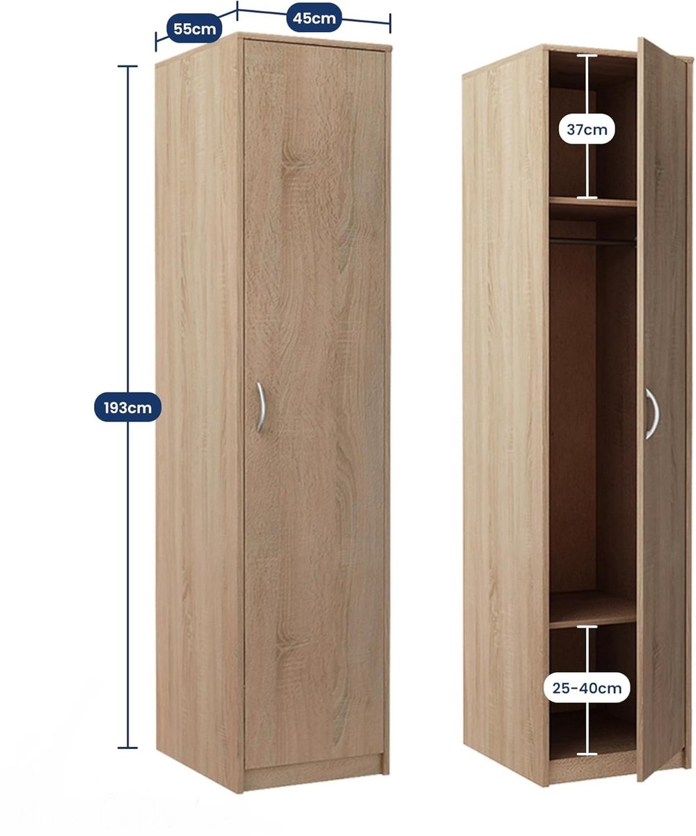 Kledingkast met Deur – Casa Velluto SlimLine Sonoma 45 – Smalle Garderobekast met 1 Kledingstang en 2 Legplanken – Mat Sonoma – Slaapkamerkast, Halmeubel of Woonkamerkast – 45x55x193 cm