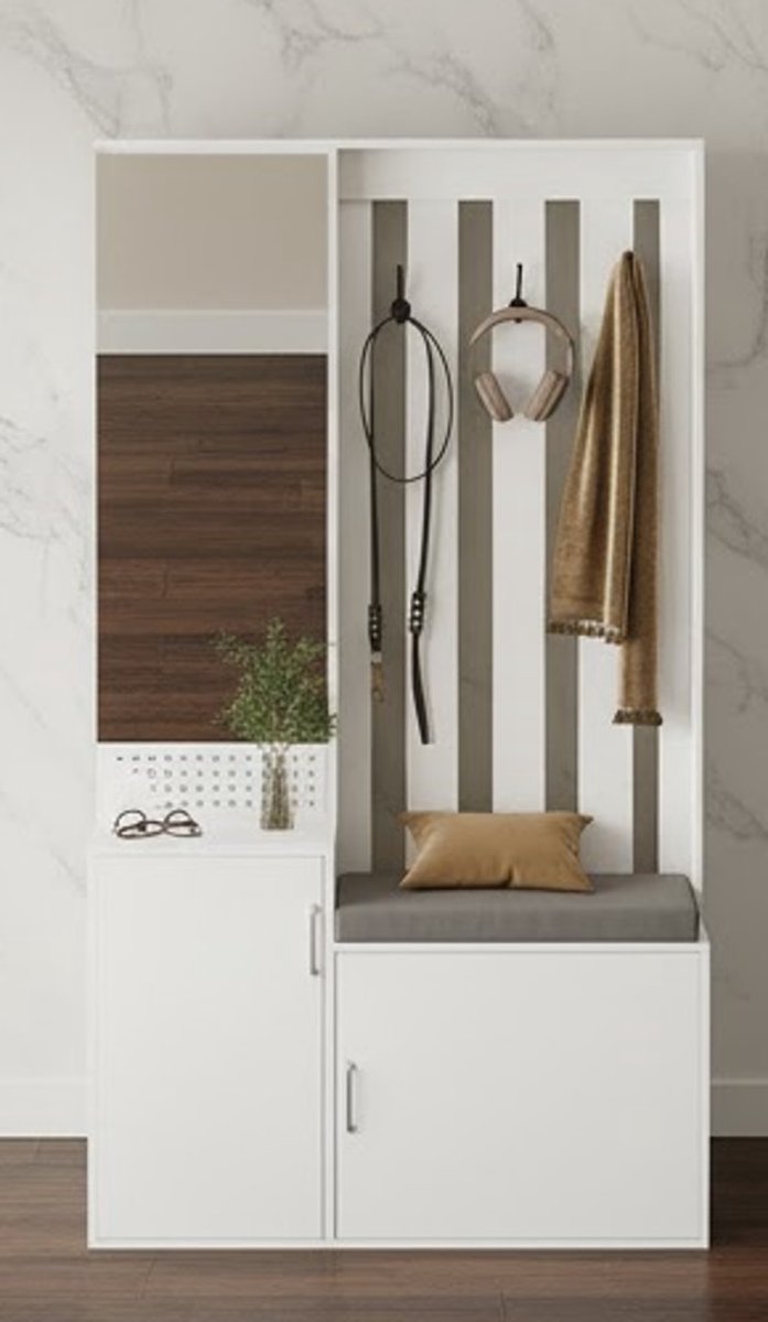 Luxe halmeubel met spiegel en kledingkast - Witte kledingkastset met bankje, kledinghaak en schoenenrek - 100 x 40 x 180 cm - Casa Serena – Casa Dorada