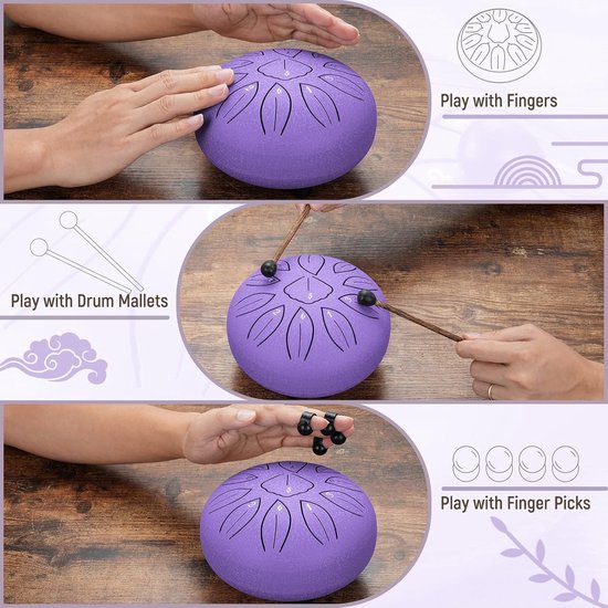 Steel Tongue Drum - Handpan Drum - Hangdrum - ( 15cm 11 Tone/Lavendel paars ) van MUSICUBE — afbeelding 5