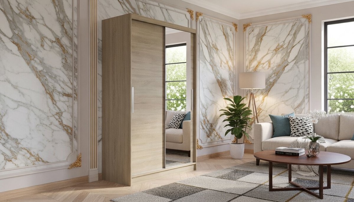 Kledingkast Casa Velluto Milano – Schuifdeurkast met Spiegel en Kledingstang – 100x200x58 cm – Sonoma Eiken – Garderobekast met 4 Planken – Moderne Slaapkamerkast met Schuifdeuren