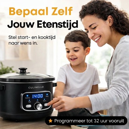 Een vrouw en een jongen kijken naar een zwarte Culinello slowcooker, met de tekst "Bepaal Zelf Jouw Etensstijd".
