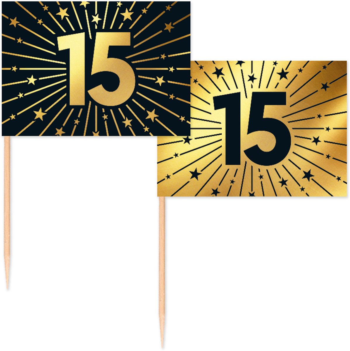 100 Vlagprikkers goud / zwart 15 jaar - Golden Celebrations - Hapjes Cocktailprikkers Tapas Prikkers Feestje