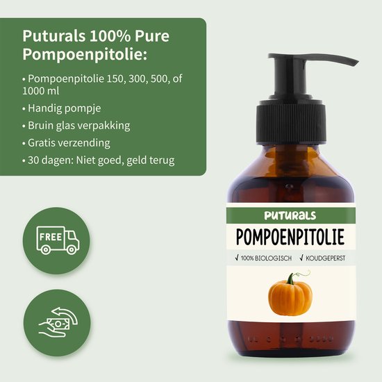 Bruine glazen fles met pompje, "Puturals 100% Pure Pompoenpitolie" met afbeelding van een pompoen.