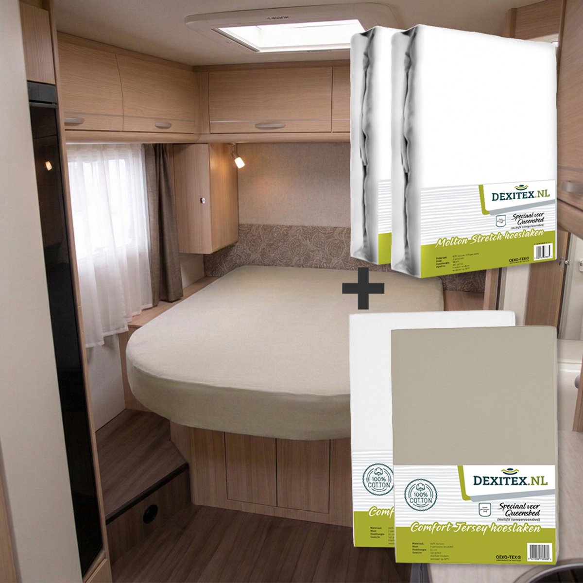 Dexitex 2 x jersey hoeslaken (Wit + Zandkleur) & 2 x molton pakket Queensbed/Eilandbed