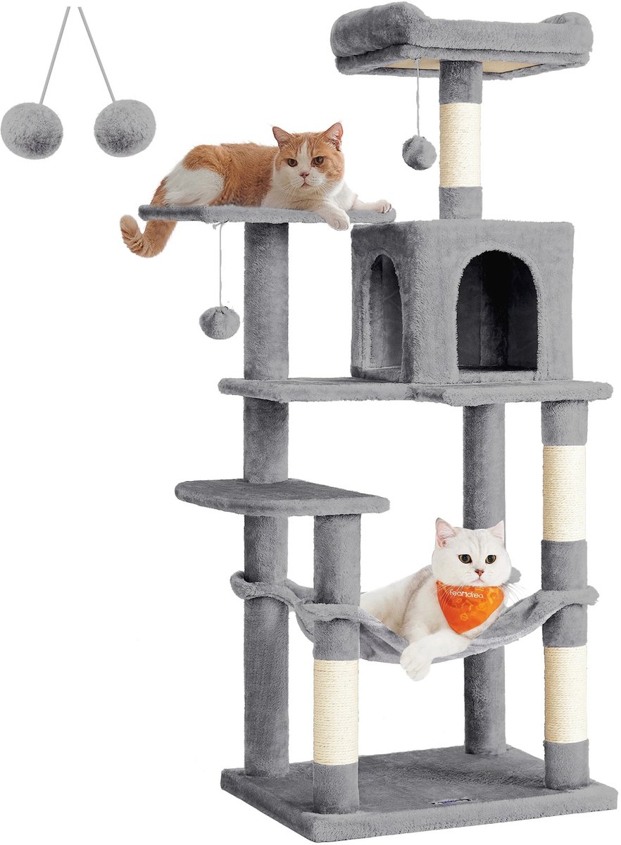DIMICO - Krabpaal voor katten - Kattenboom - Krabtoren - Lichtgrijs - Klimboom kat - 143cm - Met zachte hangmat - 4 krabpalen