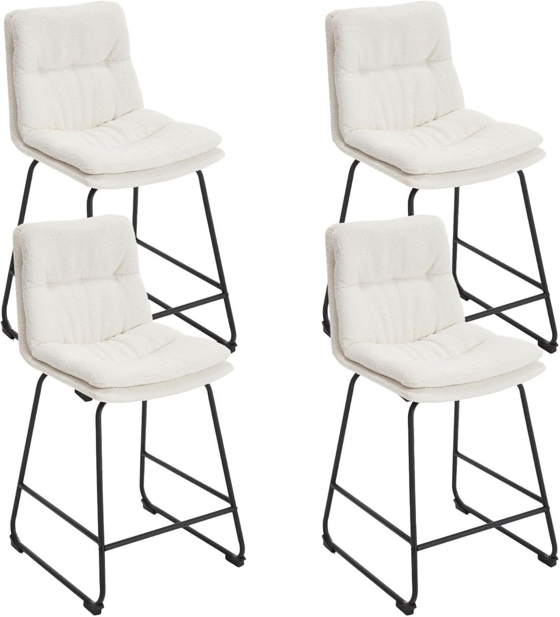 Set van 4 Witte Barkrukken Teddy Stof met Rugleuning en Voetensteun