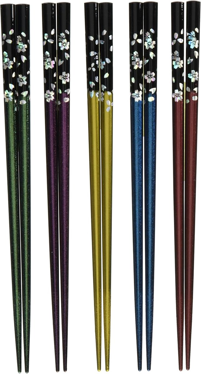 Set van 5 Japanse Lak Eetstokjes - Kersenbloesem - Zilver - Duurzaam en Elegant