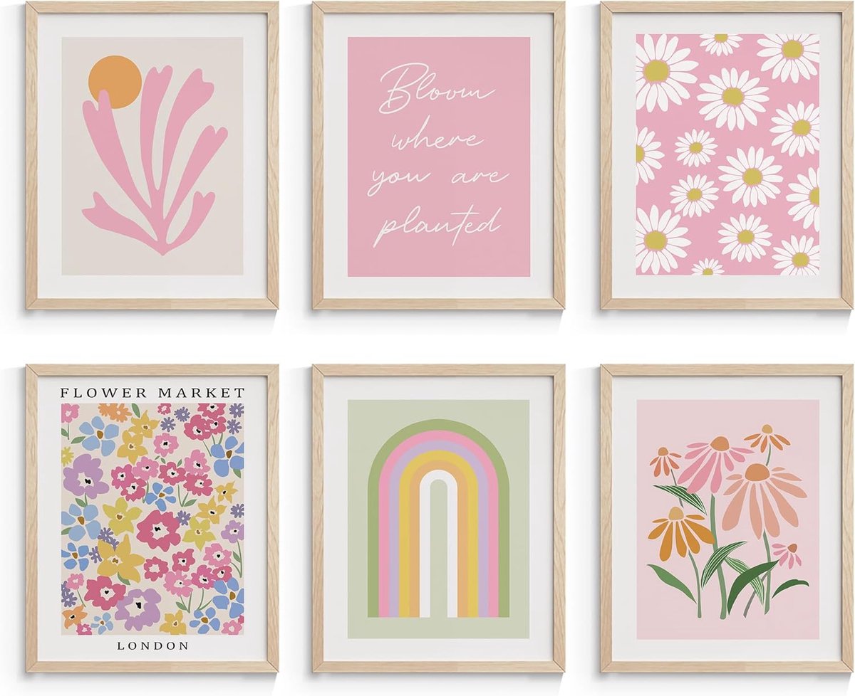 Set van 6 Boho Wanddecoratie Prints - Roze Bloemen voor Meisjes Slaapkamer/Studentenkamer