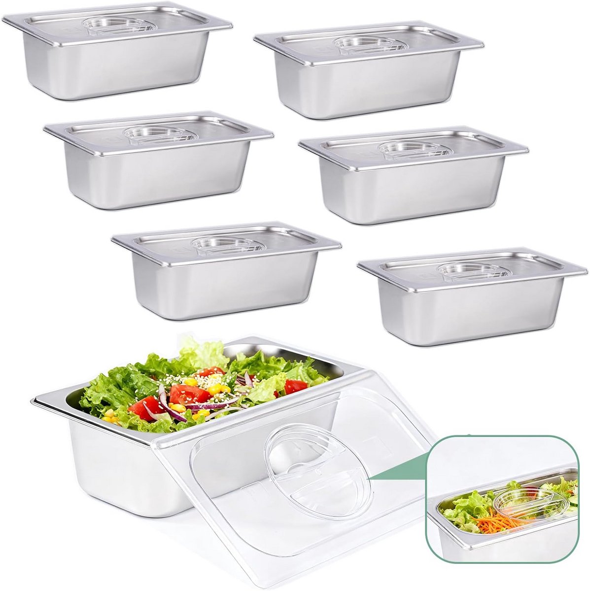6x RVS Stoompan 1/3 Gastronorm GN 1/3 x 10 cm Diep voor Buffet en Horeca