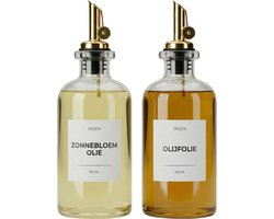 Orzen olie- en azijnflessen dispenser set - 2 stuks met gouden schenktuit, 7 NL witte labels, trechter en stift - inhoud 350 ml