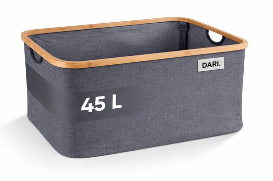 Panier à linge gris avec un bord en bambou et l'inscription '45 L'.