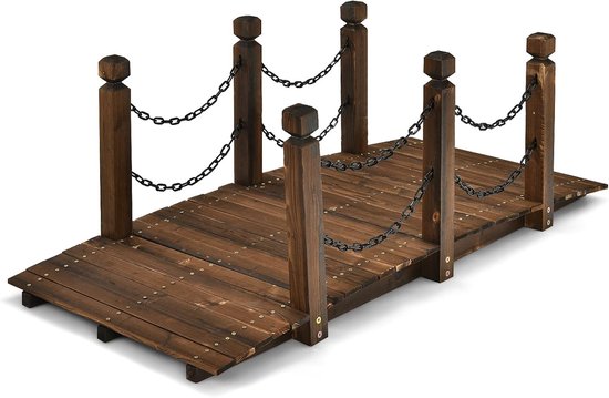Houten brug met vierkante palen en kettingen, brede randen.