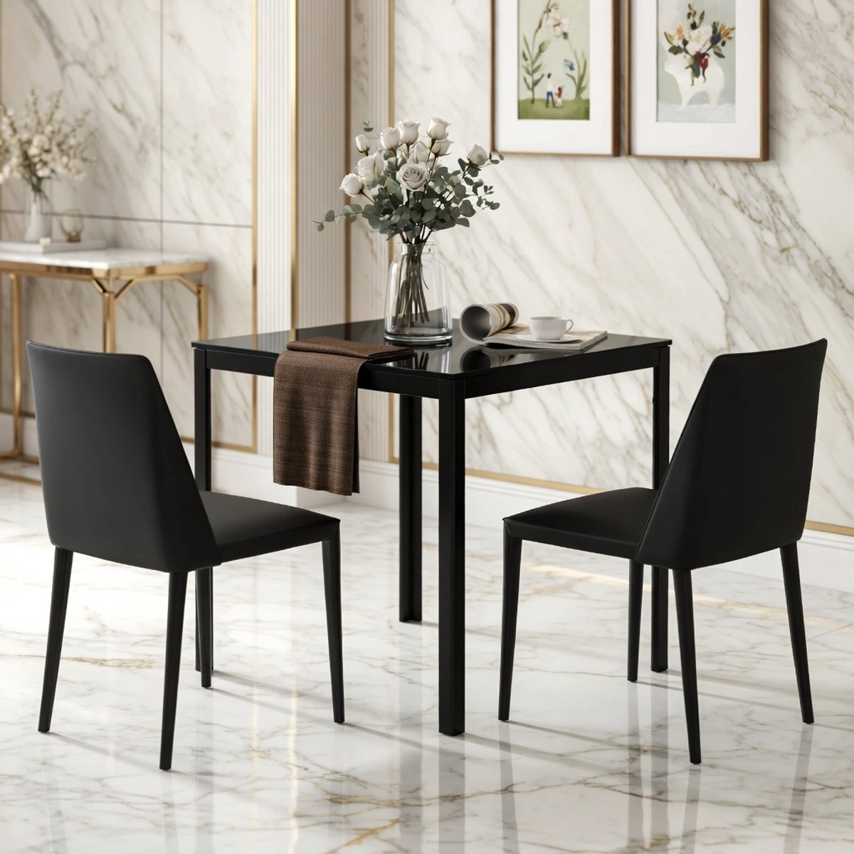 Serena glazen eettafel zwart 75x75 cm - Moderne vierkante glazen eettafel voor 4 personen met metalen potten Casa Serena – Casa Dorada