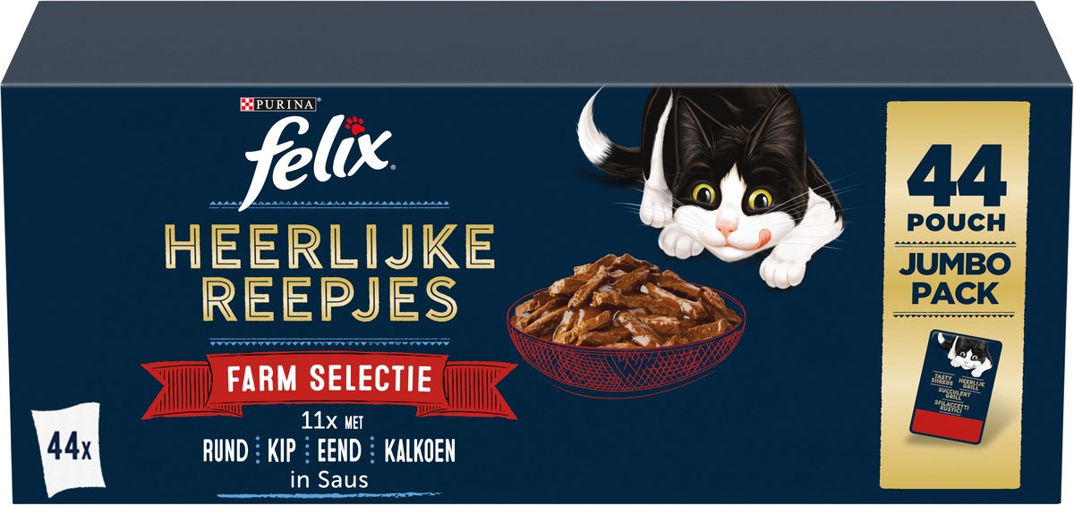 Bol.com Felix Heerlijke Reepjes Farm Selectie - Kattenvoer natvoer - Rund, Kip, Eend, Kalkoen - 44 x 80g aanbieding