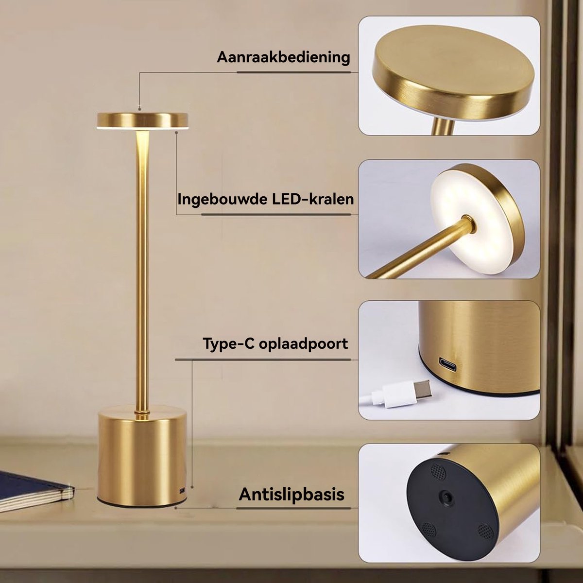 CHIWIN Oplaadbare LED Tafellamp - Draadloos - Dimbaar Touch - 3 Kleurtestanden - USB C - Accu Bediening - Voor Binnen, Buiten, Slaapkamer, Woonkamer, Kantoor - Koper 15x30cm thumbnail 4