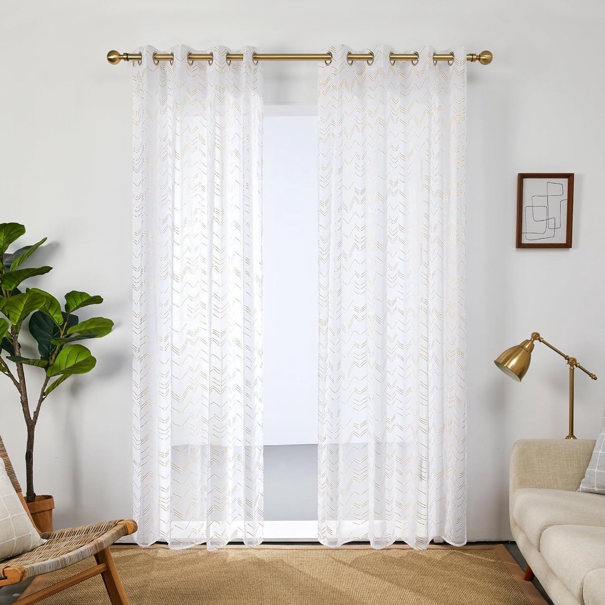 Voile Gordijnen - Vitrage Gordijnen Inbetweens - Woonkamer Decoratie - Geborduurd Streep Design - 2x 140x270 CM - Wit