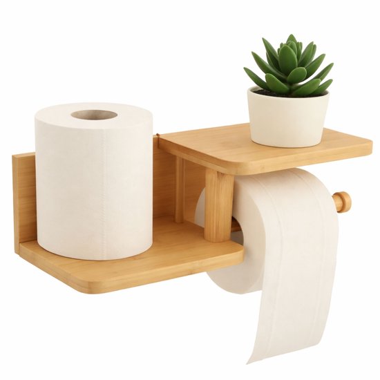 Toiletrolhouder van bamboe met ruimte voor telefoon en een plantje, met twee rollen toiletpapier.
