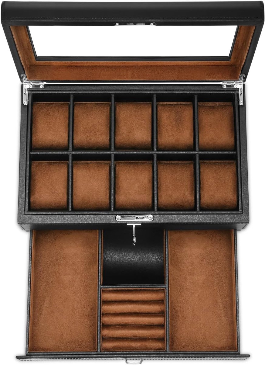 Luxe Horlogedoos met 10 Vakken en Sieradenlade - Tweeklaags Opbergkoffer met Slot