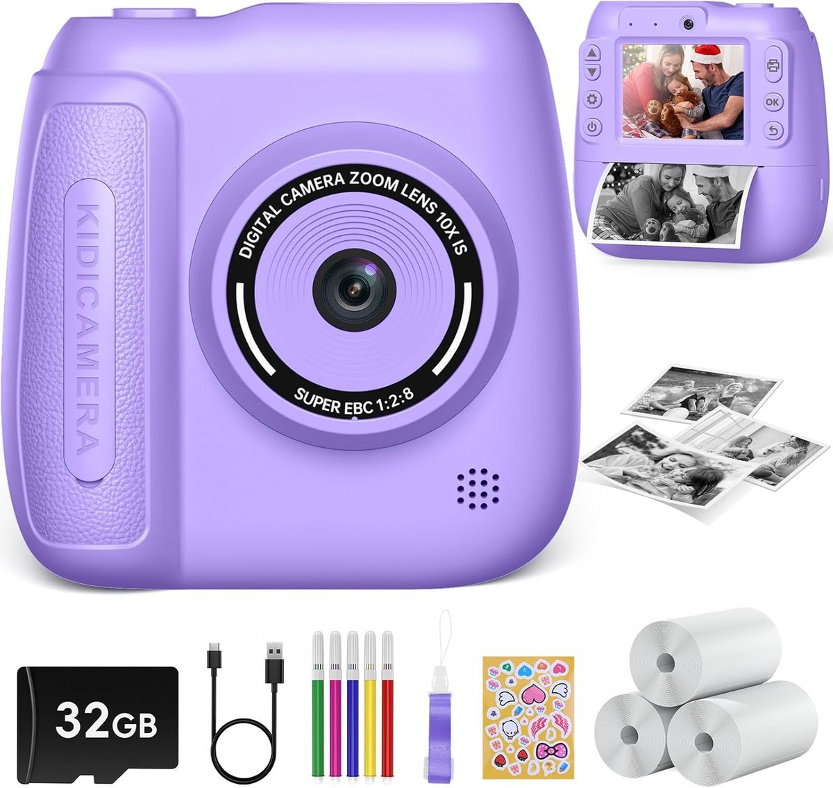 Directe Camera voor Kinderen met Printpapier, 32GB Kaart en Kleurpotloden - Speelgoed Fotocamera Paars