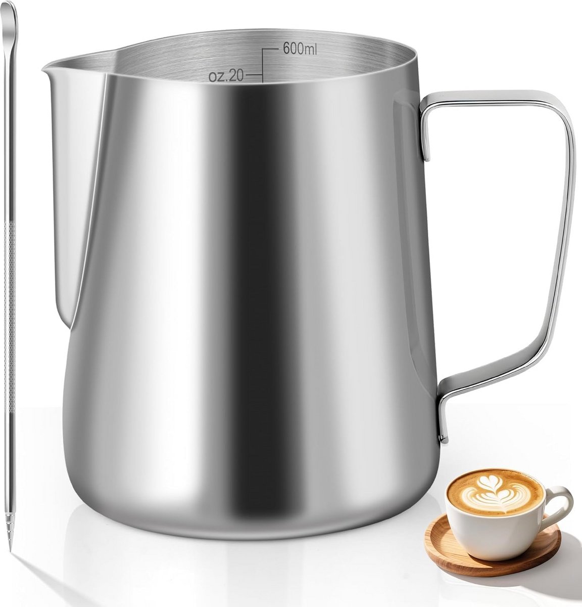 RVS Melkopschuimkan 600 ml met Maatstreepjes voor Latte Art