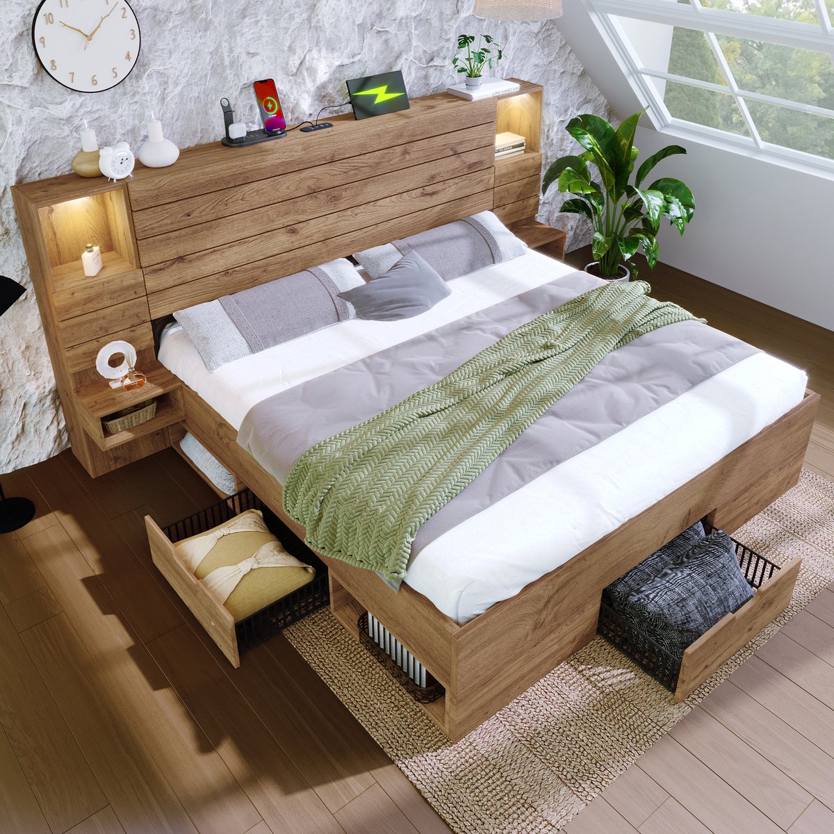 MIVRAY Houten Bed 180x200 Cm - Tweepersoonsbed Zonder Matras Met Led Spots En Oplaadpoorten - Met Opberglades - Eikenkleur