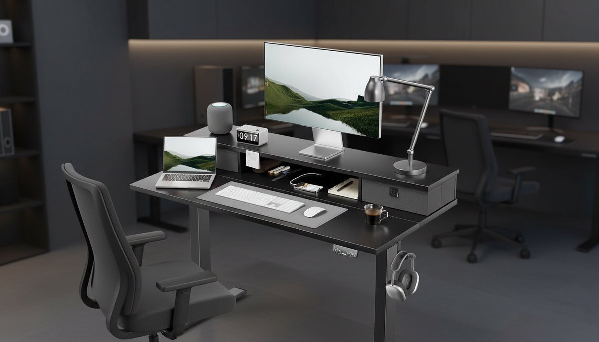 Electric Desk Casa Velluto CompactPro – Height Adjustable Sit-Stand Desk 120x60 cm with 2 Drawers, Memory Function, Anti-Collision, Sturdy Metal Frame – Black Home Office & Computer Desk