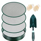 4-in-1 Tuinzeef Set - met 4 Verwisselbare Zeefinserts - 30 cm Rond Metaal Zeef - Mazen 3mm/6mm/9mm/12mm - Grondzeef - Zandzeef - Compostzeef - Grondzeef voor in de tuin - Inclusief Gardenschop en Handschoenen - Voor Aarde, Compost en Zand