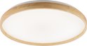 Ronde plafondlamp met een witte diffuser en een houten rand.