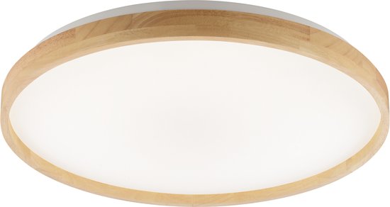 Ronde plafondlamp met een witte diffuser en een houten rand.
