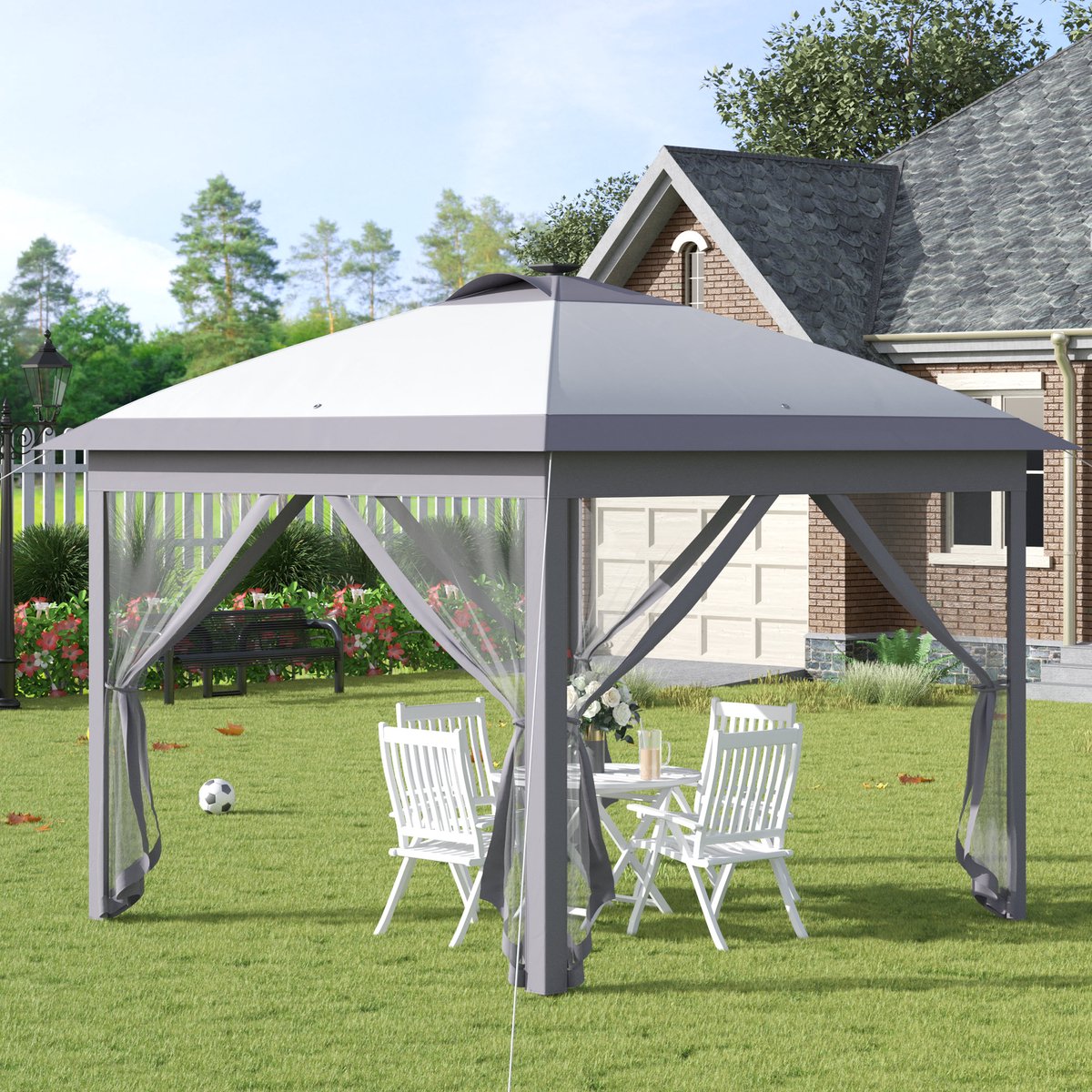 REDOM Vouwpaviljoen - Verstelbare Hoogte - Met Ledverlichting Op Zonne-energie En Usb - Met Afneembare Gaasgordijnen - Metaal - Grijs - 330 X 330 X 288 Cm
