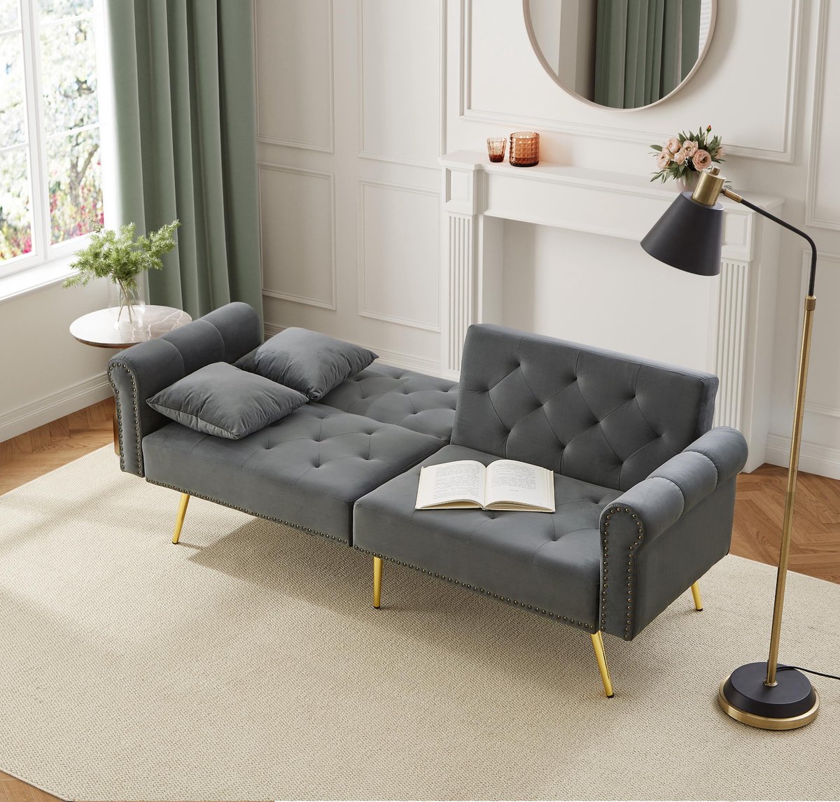 HAUSS SPOLE Slaapbank 2-Zits 147x85 Cm - 3-Standen Verstelbare Rugleuning - Voor Woonkamer En Logeerkamer - Fluweel - Antiekgrijs